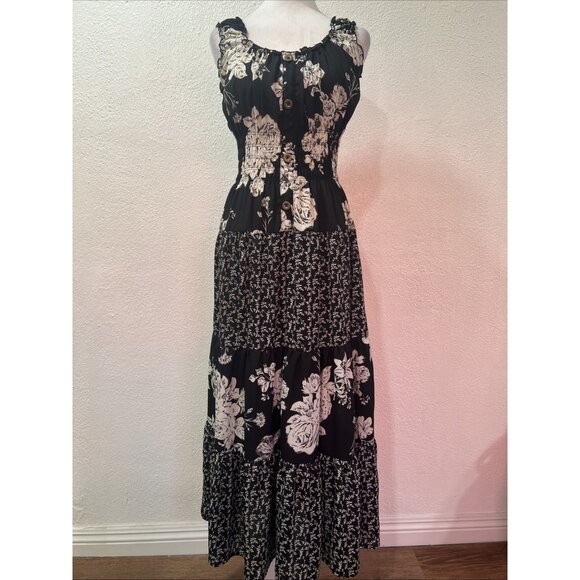 Lapis tiered Y2K maxi Dress S Black White Floral Cottagecore Boho Empire Waist - Picture 1 of 15